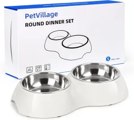 Stainless Steel Dog Bowls Set  Dual Non-Slip Pet Dishes with 2 Small (6.9 oz) Bowls & Durable Resin Stand,Food & Water Feeder for Puppies, Kittens, and Small Breed Dogs White