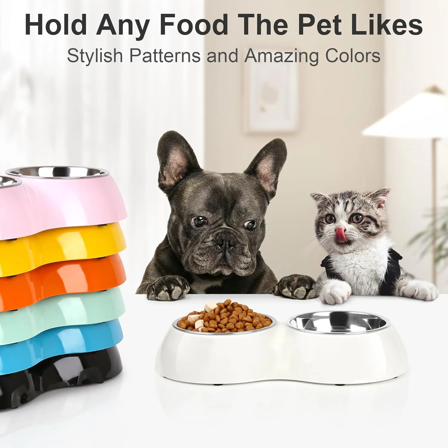 Stainless Steel Dog Bowls Set  Dual Non-Slip Pet Dishes with 2 Small (6.9 oz) Bowls & Durable Resin Stand,Food & Water Feeder for Puppies, Kittens, and Small Breed Dogs White
