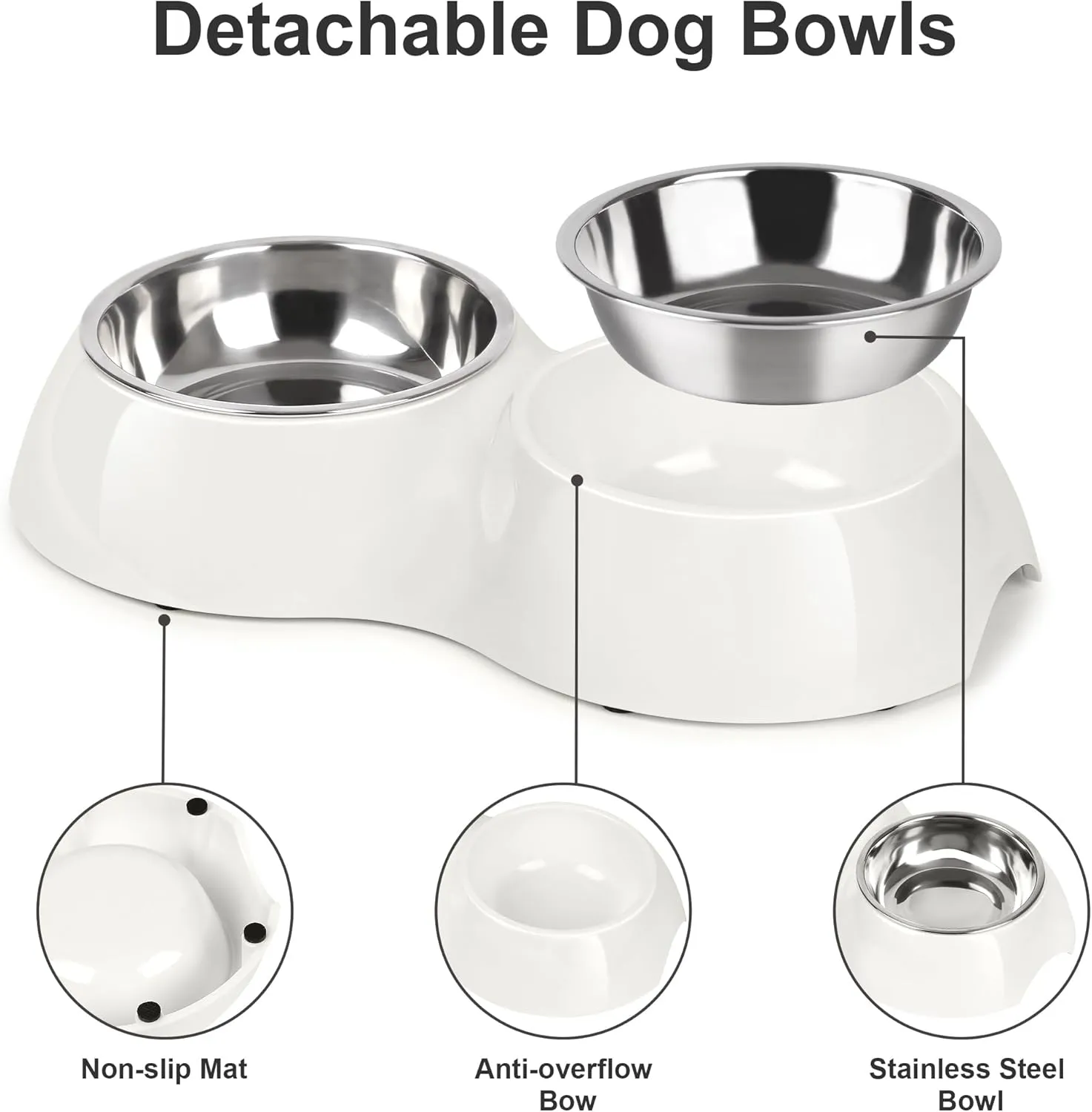 Stainless Steel Dog Bowls Set  Dual Non-Slip Pet Dishes with 2 Small (6.9 oz) Bowls & Durable Resin Stand,Food & Water Feeder for Puppies, Kittens, and Small Breed Dogs White