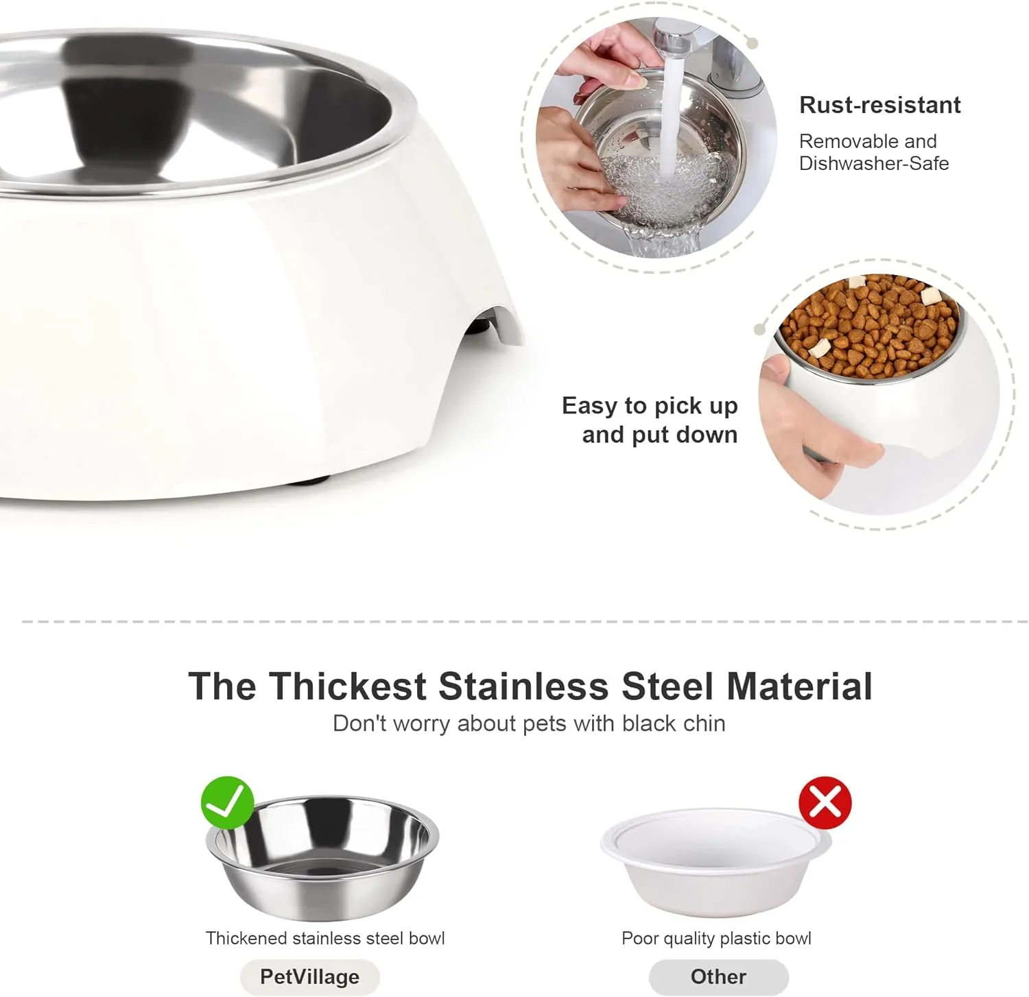 Stainless Steel Dog Bowls Set  Dual Non-Slip Pet Dishes with 2 Small (6.9 oz) Bowls & Durable Resin Stand,Food & Water Feeder for Puppies, Kittens, and Small Breed Dogs White