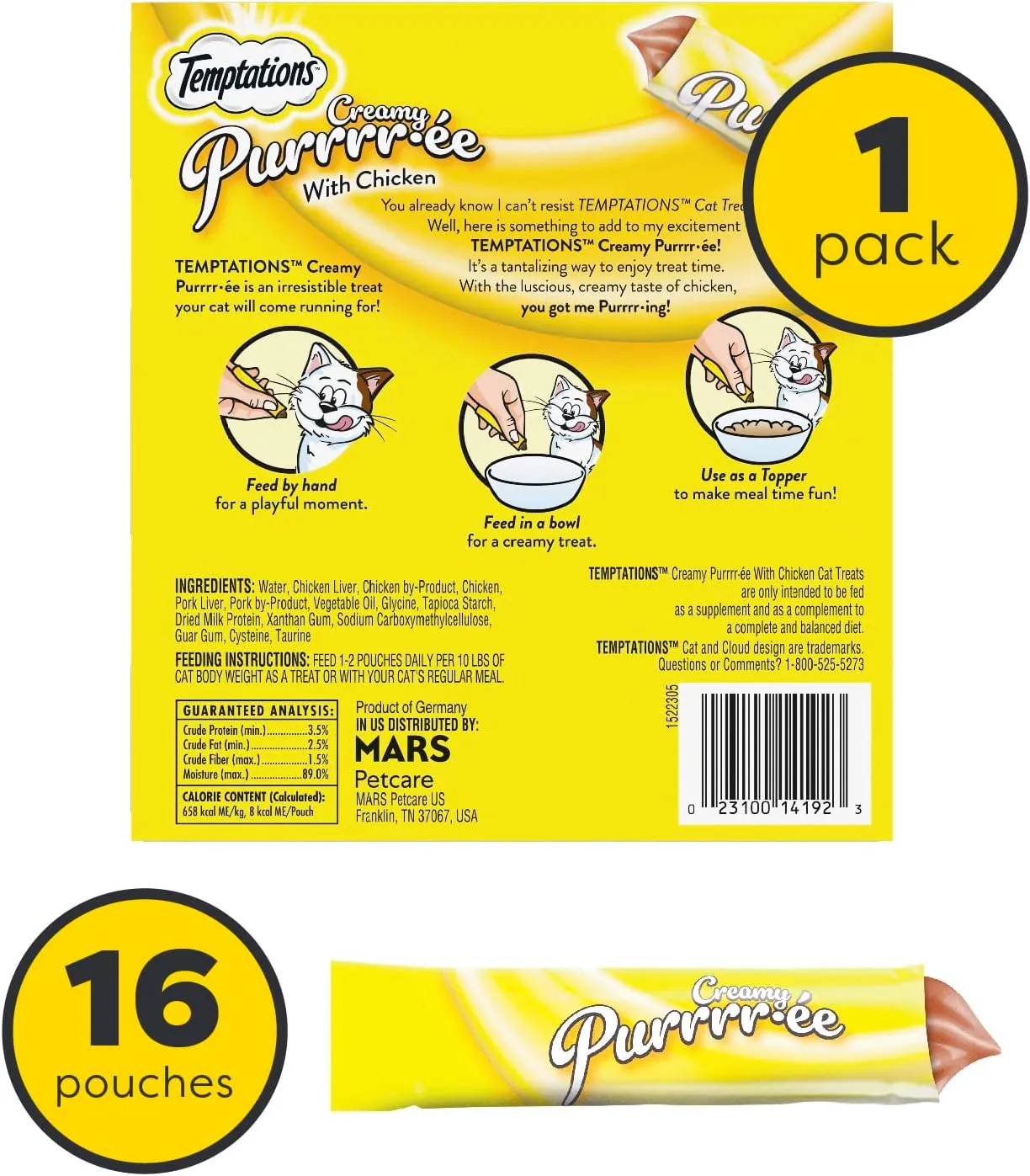 Temptations Creamy Puree with Chicken Lickable, Squeezable Cat Treats, 0.42 Oz Pouches, 16 Count (pack of 1)