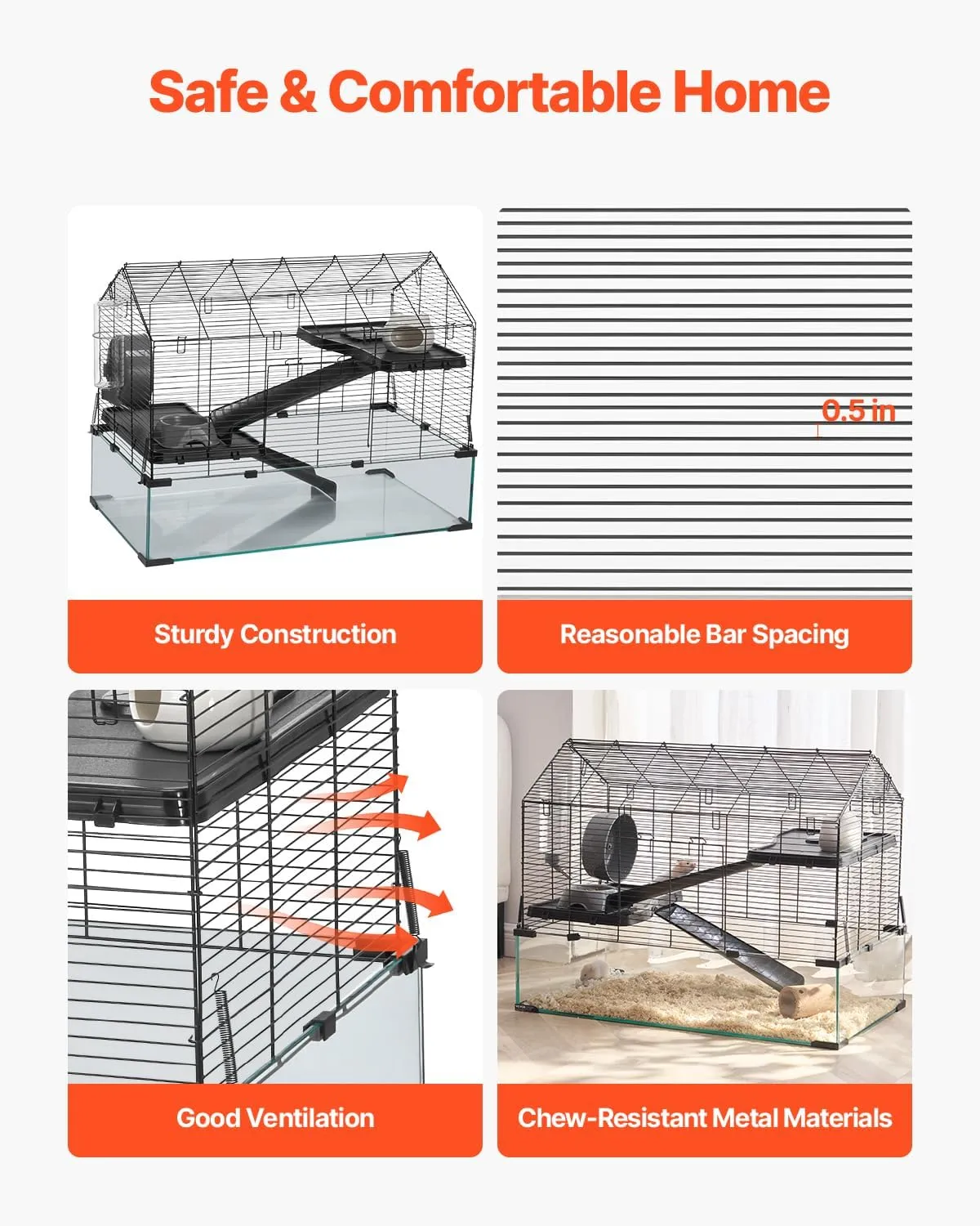 VEVOR Hamster Cage, 360 Viewing Transparent Hamster Habitats, Small Animal Cage, 29.5 x 17.3 x 24 in, Ventilated Pet Mouse Cages with Water Bottle, Portable Hamster House for Rats, Guinea Pigs