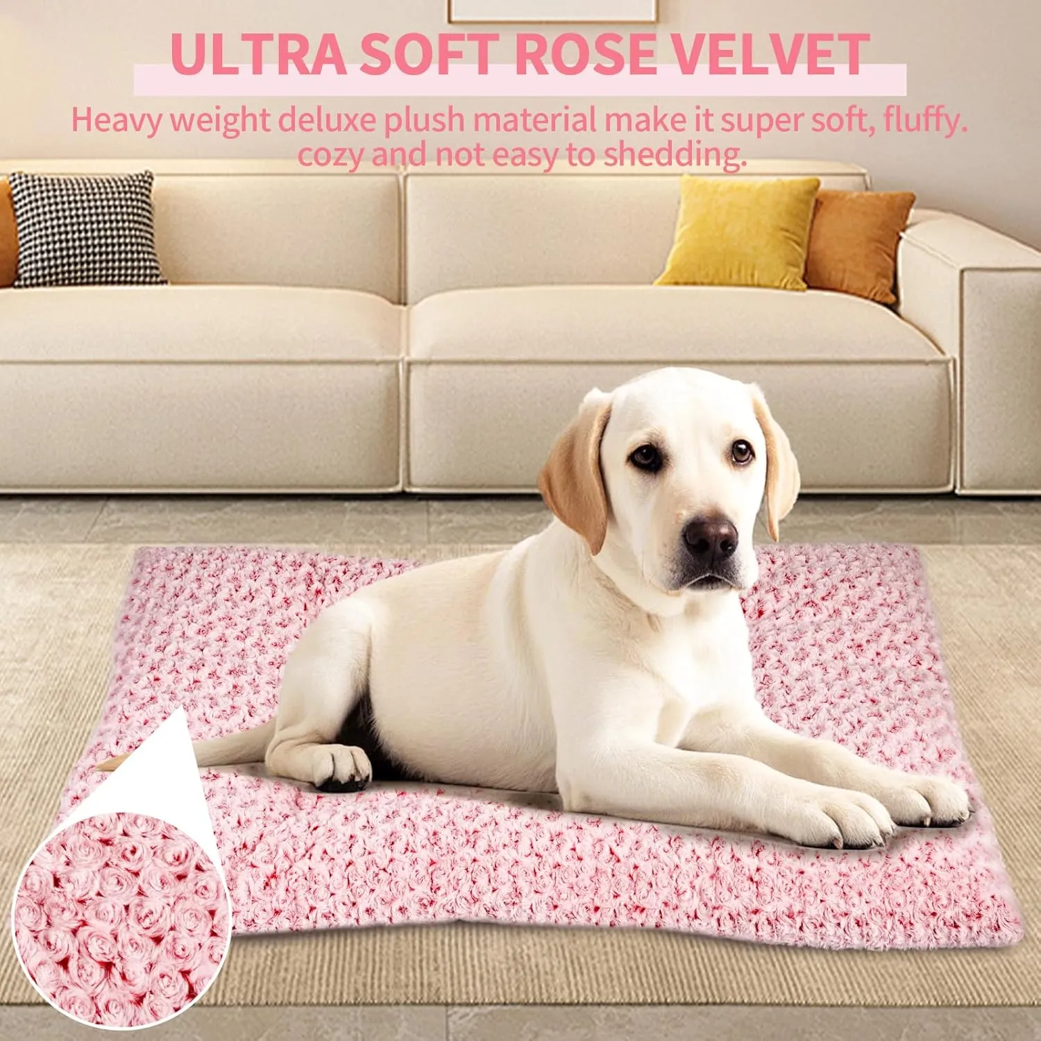 Washable Dog Bed Mat Deluxe Plush Reversible Pet Crate Pad Comfy Pet Kennel Beds Dog Sleeping Mat for Large Jumbo Medium Small Dogs, 41'' x 27'', Pink