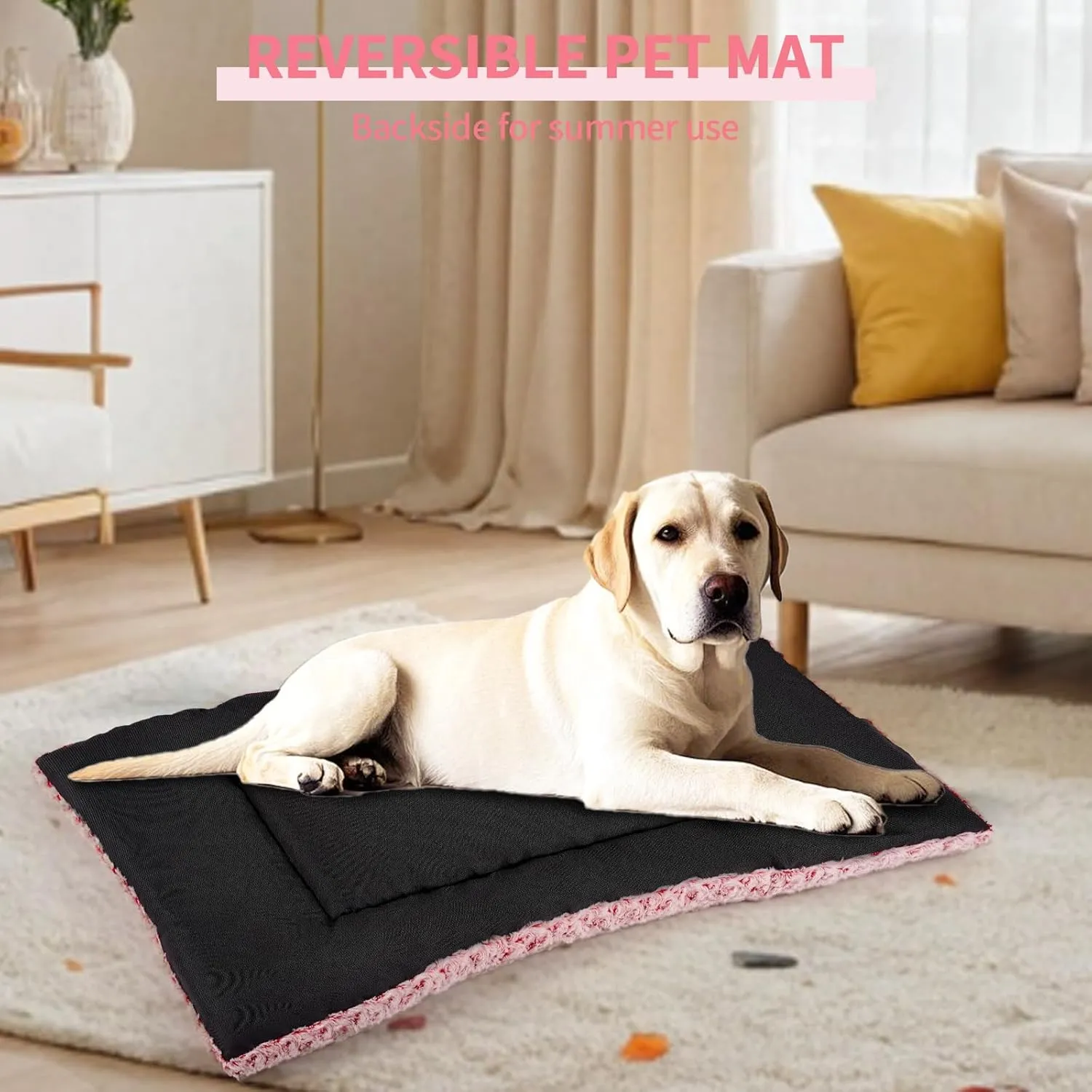 Washable Dog Bed Mat Deluxe Plush Reversible Pet Crate Pad Comfy Pet Kennel Beds Dog Sleeping Mat for Large Jumbo Medium Small Dogs, 41'' x 27'', Pink