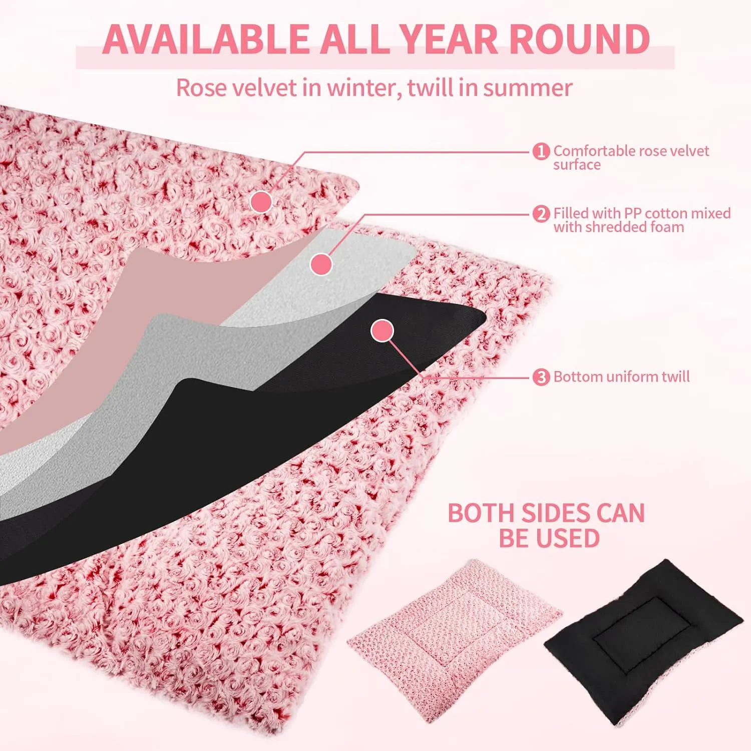 Washable Dog Bed Mat Deluxe Plush Reversible Pet Crate Pad Comfy Pet Kennel Beds Dog Sleeping Mat for Large Jumbo Medium Small Dogs, 41'' x 27'', Pink