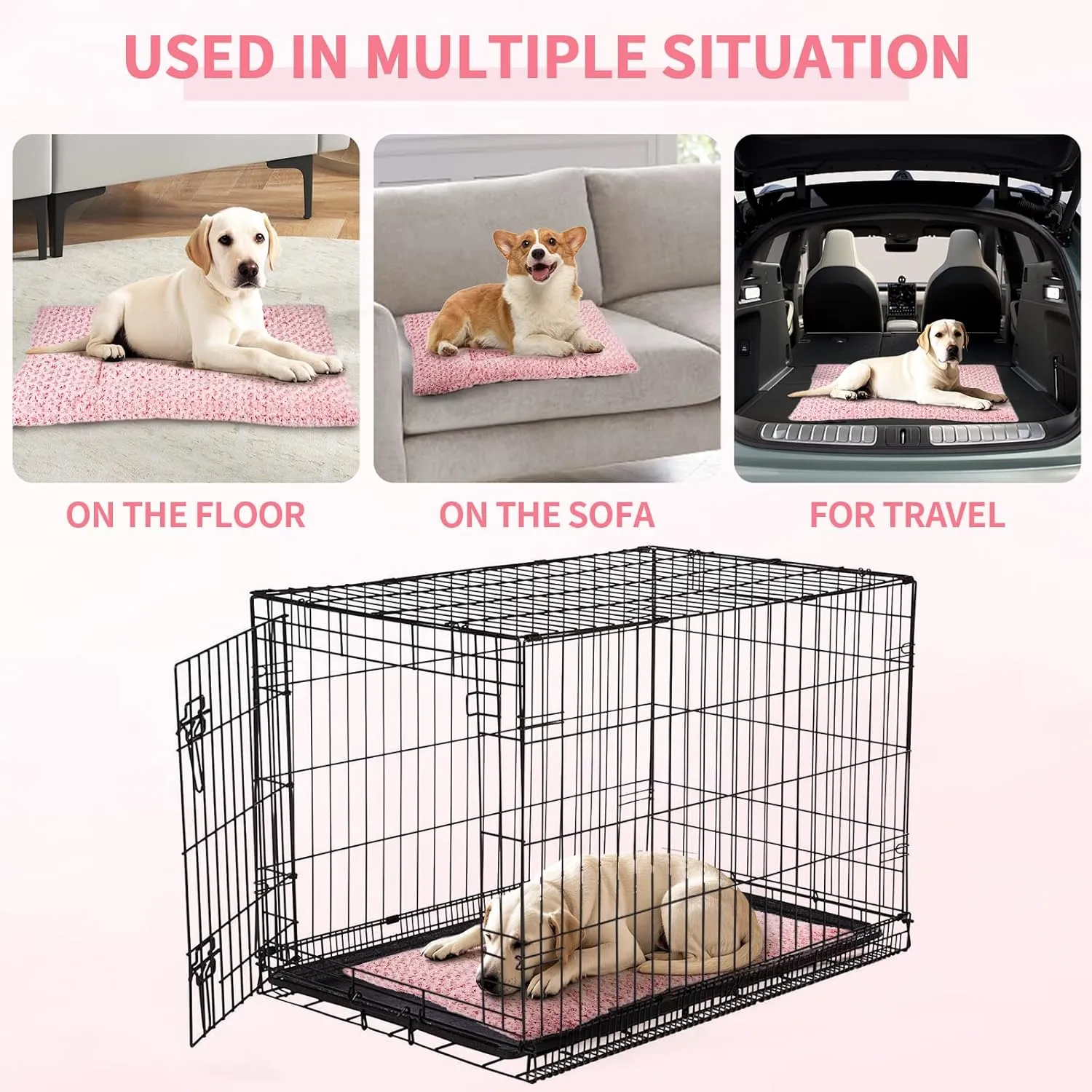 Washable Dog Bed Mat Deluxe Plush Reversible Pet Crate Pad Comfy Pet Kennel Beds Dog Sleeping Mat for Large Jumbo Medium Small Dogs, 41'' x 27'', Pink