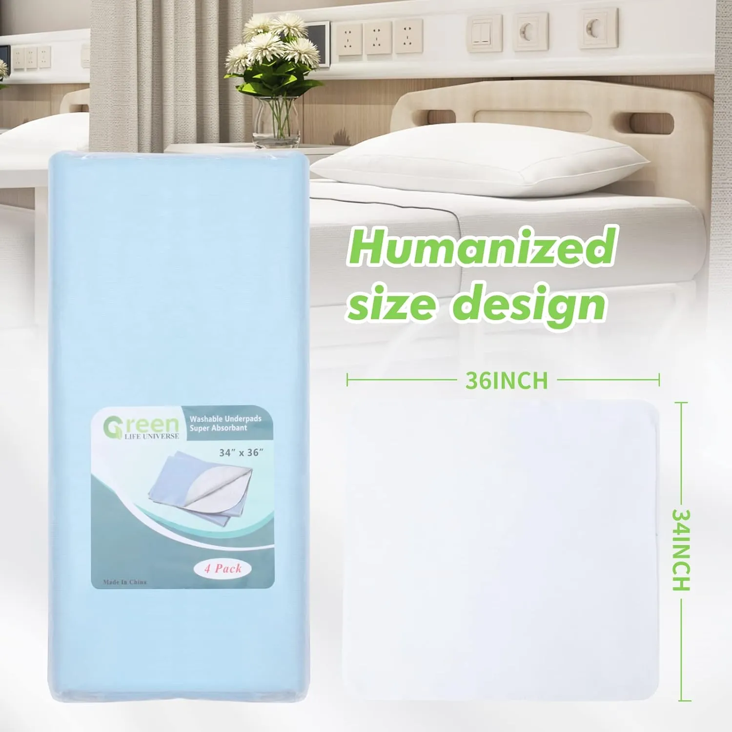 Washable Underpads Incontinence Urine Pads Bed Pads Large Reusable Waterproof Pee Pad Puppy for Adults Human Dog Bed Cat Pet Elderly Green Life Universe 4 Pack 34" x 36"