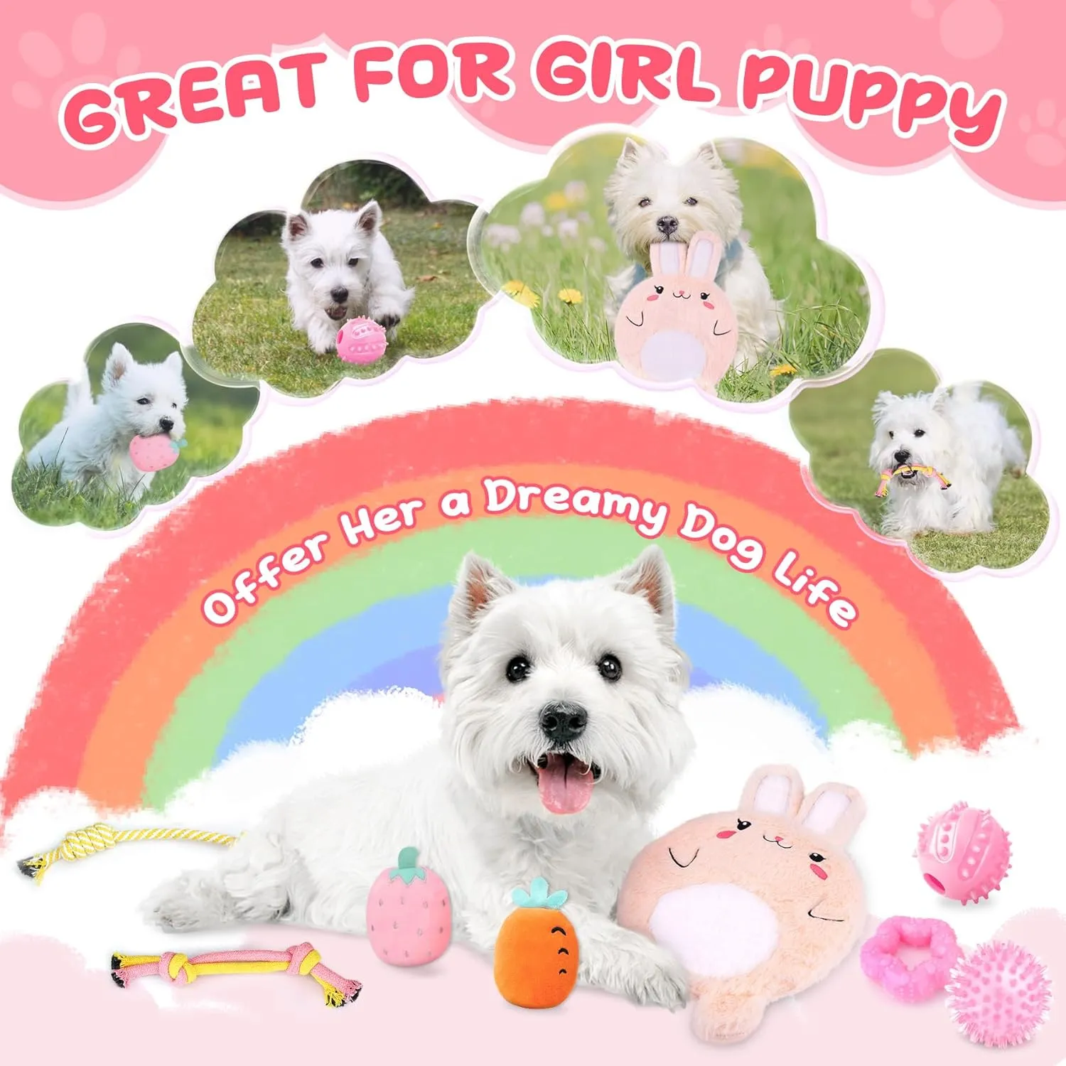 XIUGOAL Pink Puppy Toys - 9 Pack Interactive Small Dog Toys for Teething Puppy with Squeaky Toys, Treat Ball and Ropes