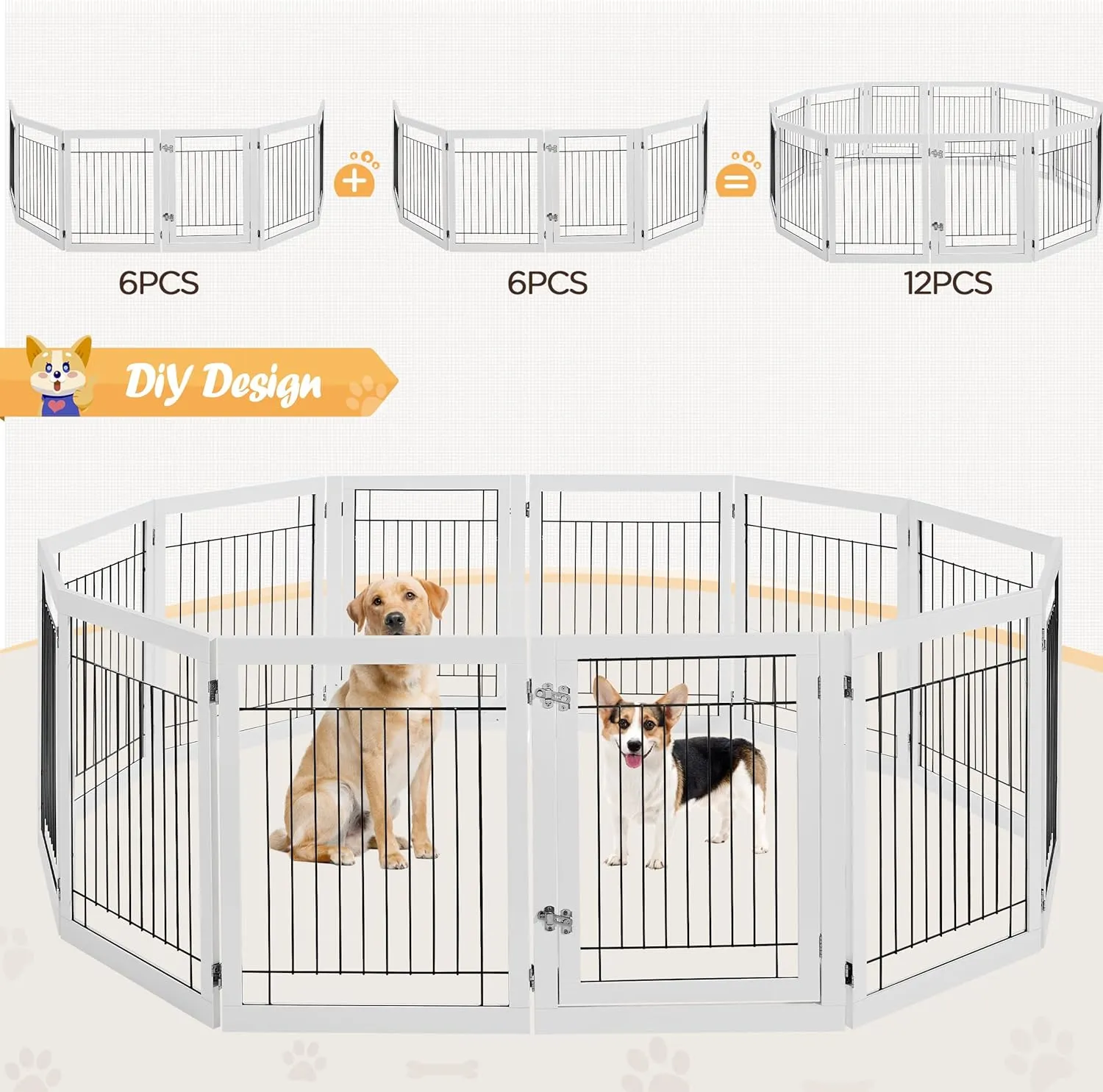 Yaheetech 148-inch Extra Wide Pet Gate for Dogs 31-inch Tall Dog Gate with Door, Foldable Wire Puppy Safety Fence w/3 Support Feet,Freestanding Dog Gate for The House, Doorway, Stairs(White,6 Panels)