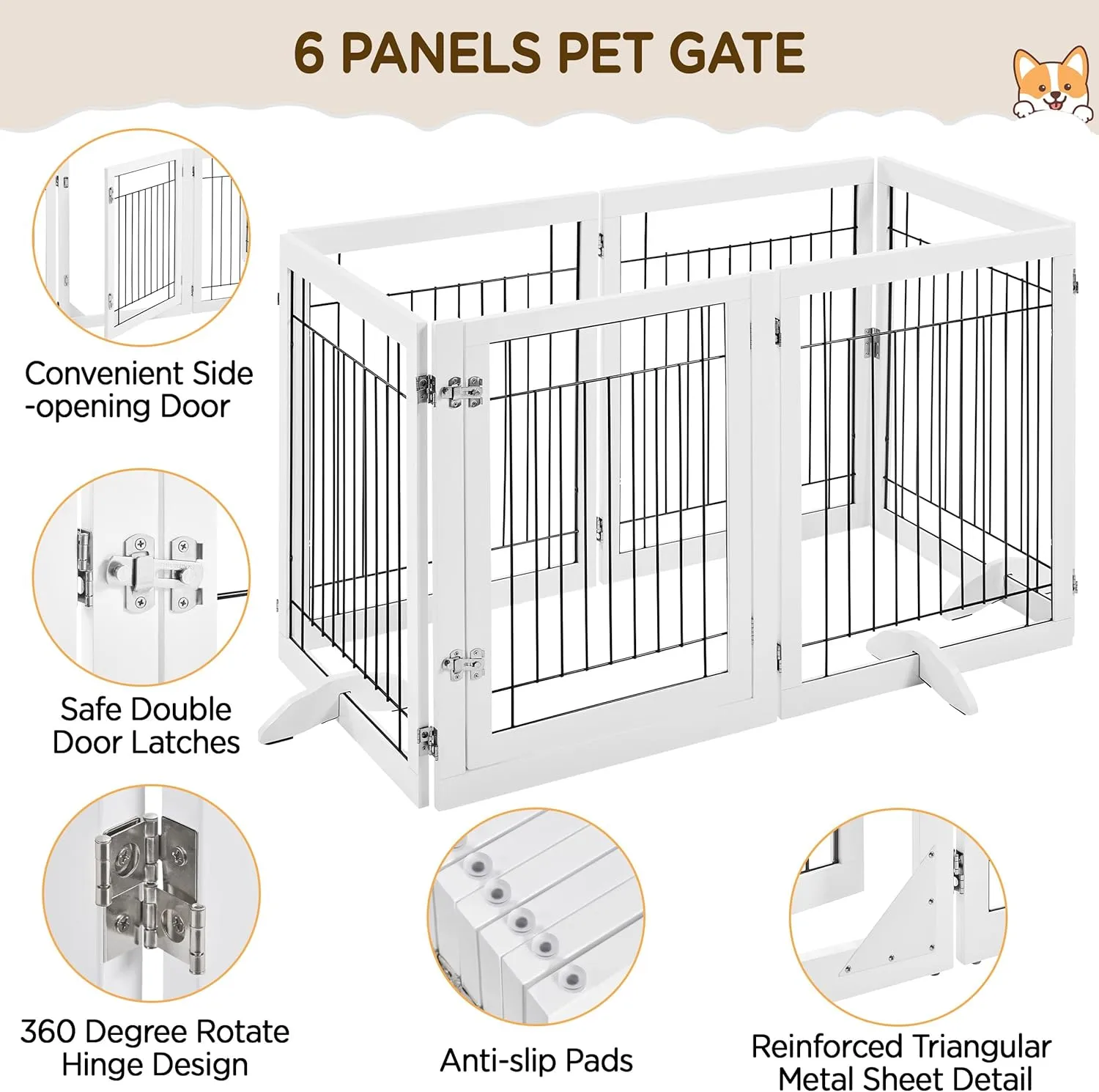Yaheetech 148-inch Extra Wide Pet Gate for Dogs 31-inch Tall Dog Gate with Door, Foldable Wire Puppy Safety Fence w/3 Support Feet,Freestanding Dog Gate for The House, Doorway, Stairs(White,6 Panels)