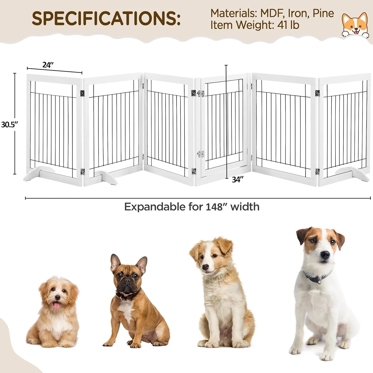 Yaheetech 148-inch Extra Wide Pet Gate for Dogs 31-inch Tall Dog Gate with Door, Foldable Wire Puppy Safety Fence w/3 Support Feet,Freestanding Dog Gate for The House, Doorway, Stairs(White,6 Panels)