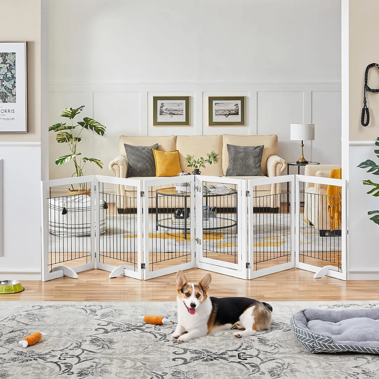 Yaheetech 148-inch Extra Wide Pet Gate for Dogs 31-inch Tall Dog Gate with Door, Foldable Wire Puppy Safety Fence w/3 Support Feet,Freestanding Dog Gate for The House, Doorway, Stairs(White,6 Panels)